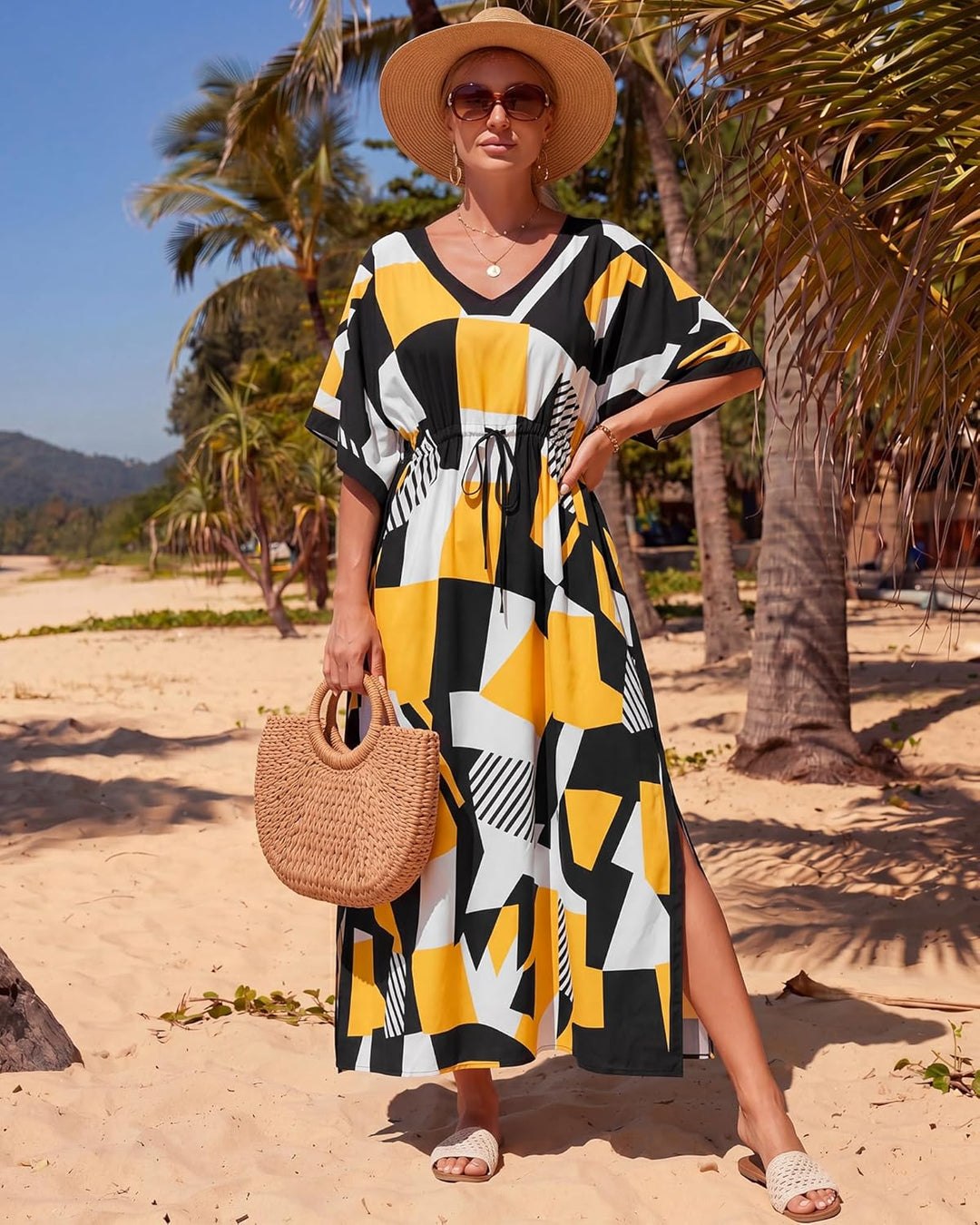 Bsubseach Damen Casual Beach Kaftan Kleid Kurzarm Loungewear Caftan Strandkleid Blau, Blau