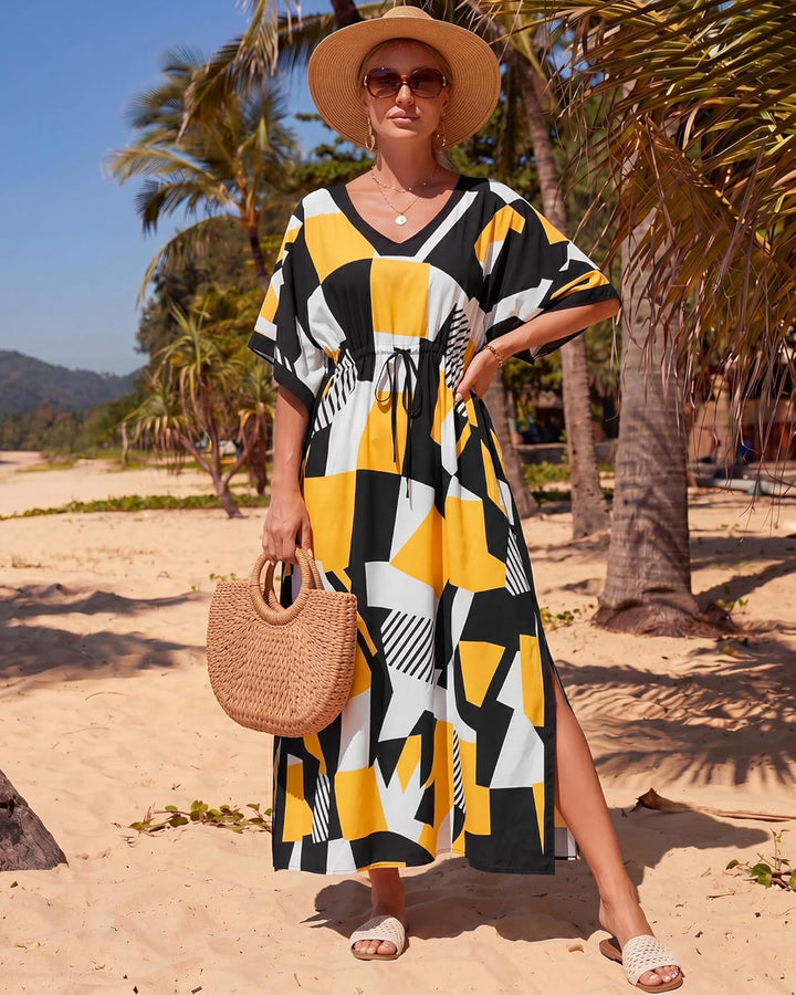 Bsubseach Damen Casual Beach Kaftan Kleid Kurzarm Loungewear Caftan Strandkleid Blau, Blau