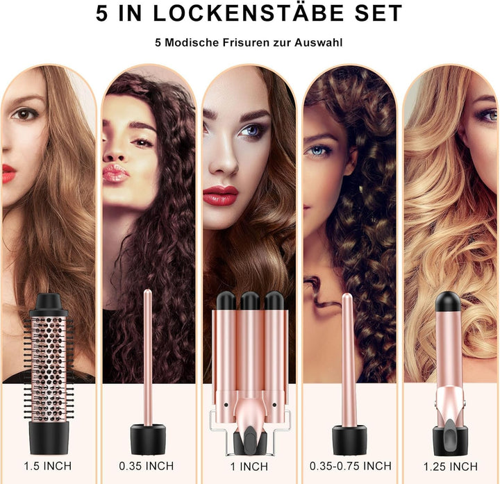 Lockenstäbe Set 5 in 1, MAX-T Lockenstab mit 3 Fässer und Multifunktion Thermal Brush, mit Verschied