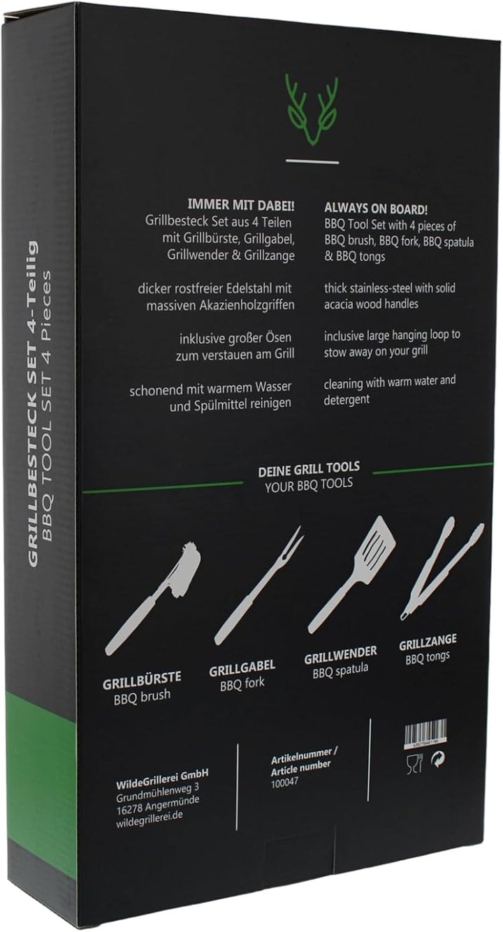 Grillbesteck Set 4-teilig aus Edelstahl Grill-Set 42 cm mit Holzgriffen und Aufhänge-Ösen Grillzubeh