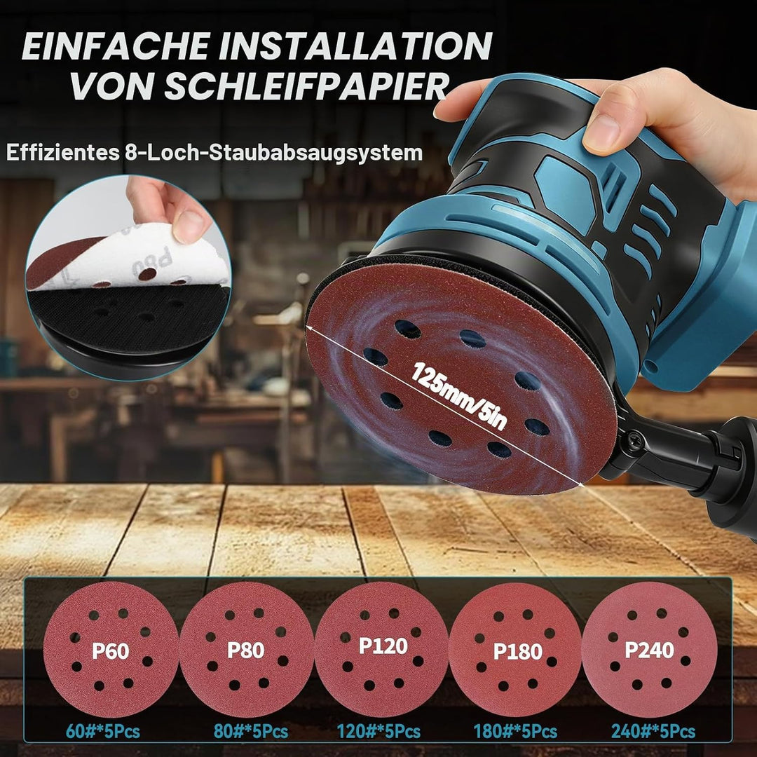 Bürstenloser Exzenterschleifer, kompatibel mit Makita 18V, 125 mm Brushelss Elektrischer Handschleif