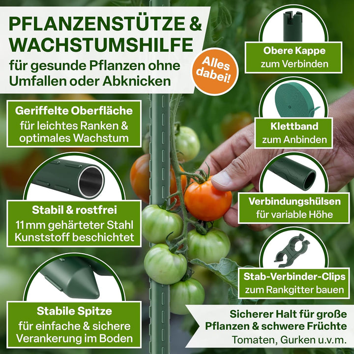 TTL GARDEN Rankstäbe 15er Set 180cm x 11mm Ø grün - Rankhilfe Pflanzstäbe + Klettband + Clips - Stah