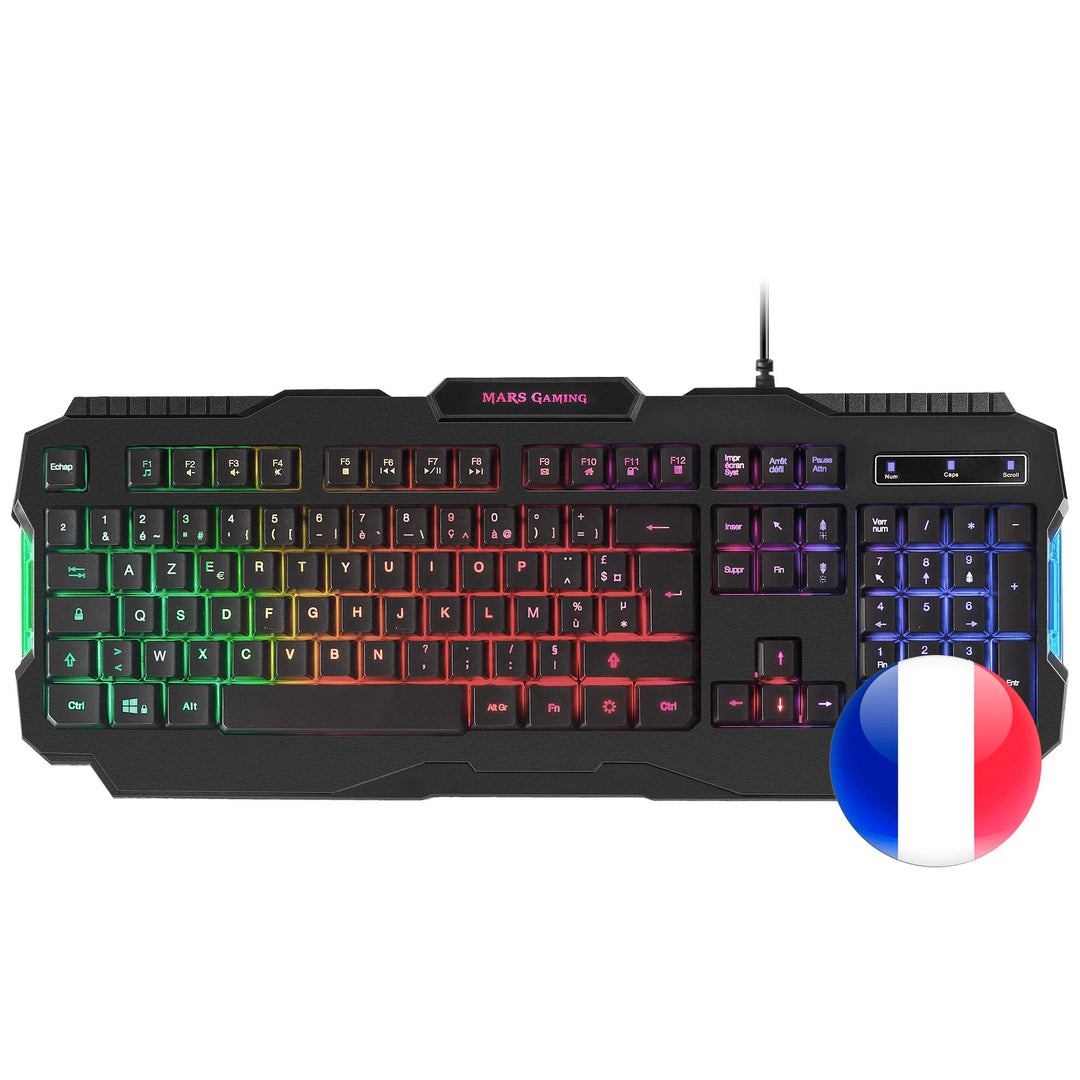 Mars Gaming MRK0FR, Gaming Tastatur, RGB Regenbogen Hintergrundbeleuchtung, Antighosting, Französisc