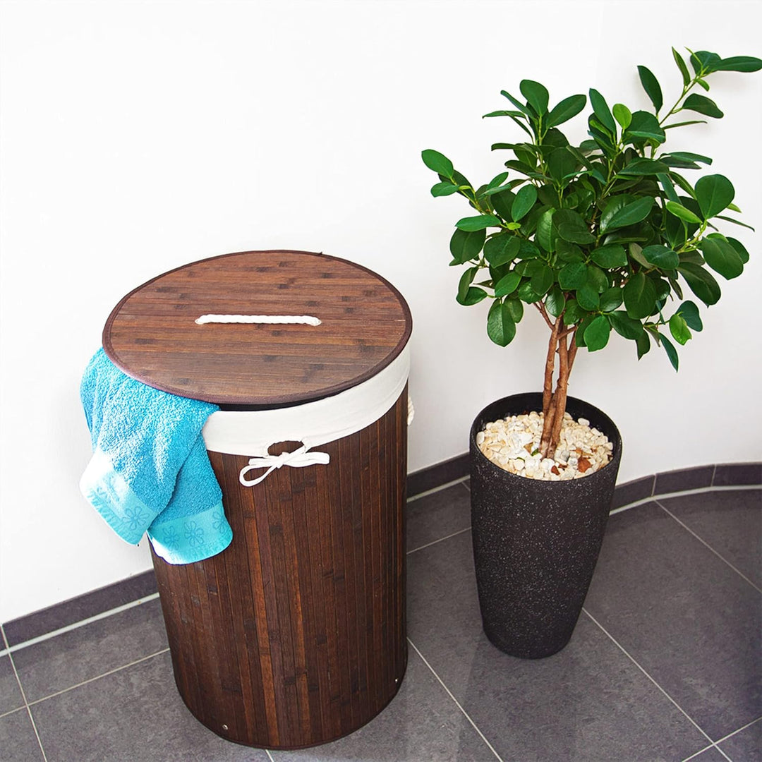 Relaxdays 1 x Wäschekorb Bambus, Faltbare Wäschetonne mit Deckel, Volumen 70 Liter, Wäschesack Baumw