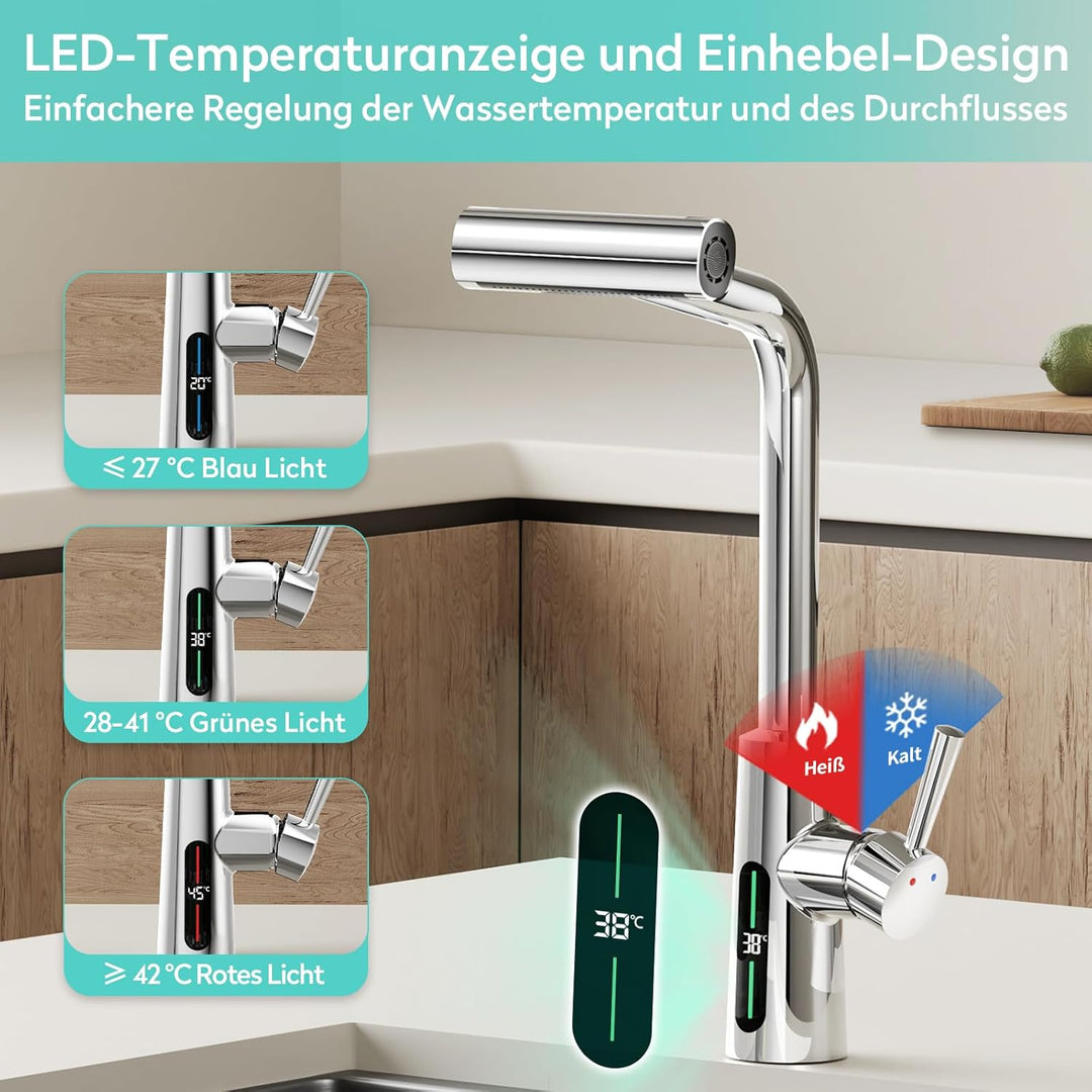 KAIYING Wasserhahn Küche Ausziehbar mit Temperaturanzeige (Batterielos), Hochdruck Wasserfall Küchen