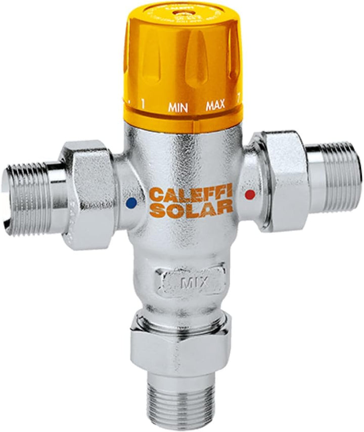 Caleffi 252153 Thermomischer 3/4 Zoll AG 30-65 °C mit Rückschlagventilen für Solaranlagen, Einstellb