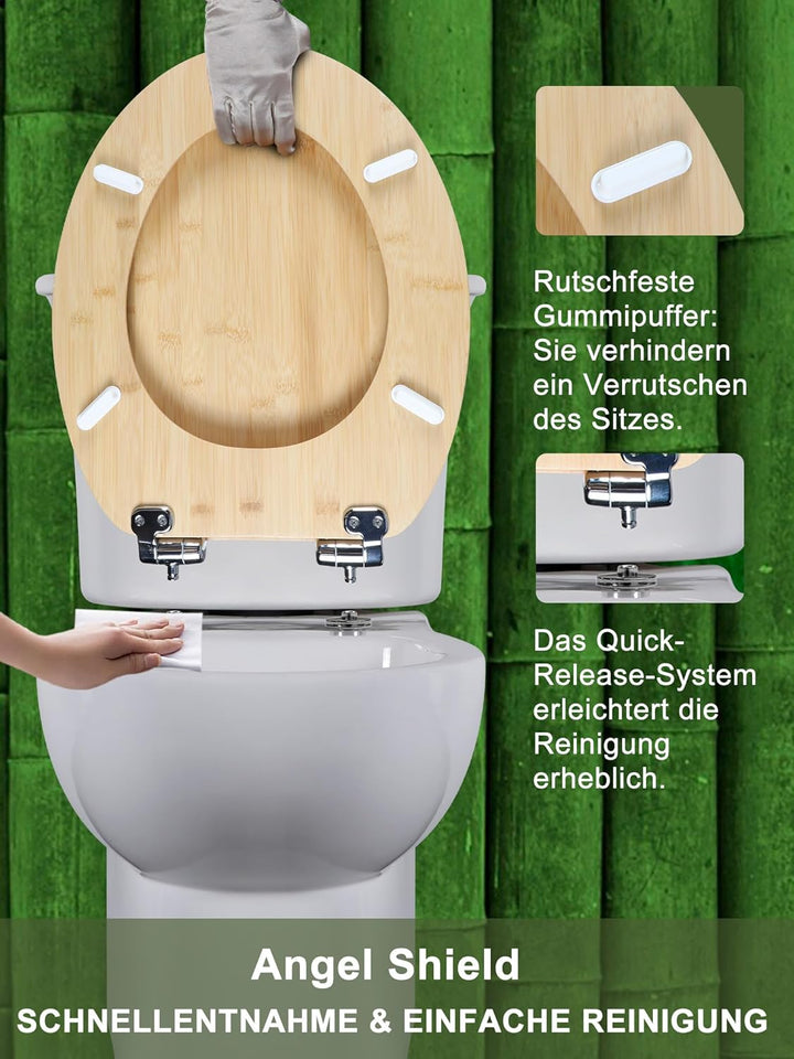 Angel Shield WC-Sitz aus Bambus, mit Absenkautomatik, Oval, mit Schnellverschluss, verstellbare Scha