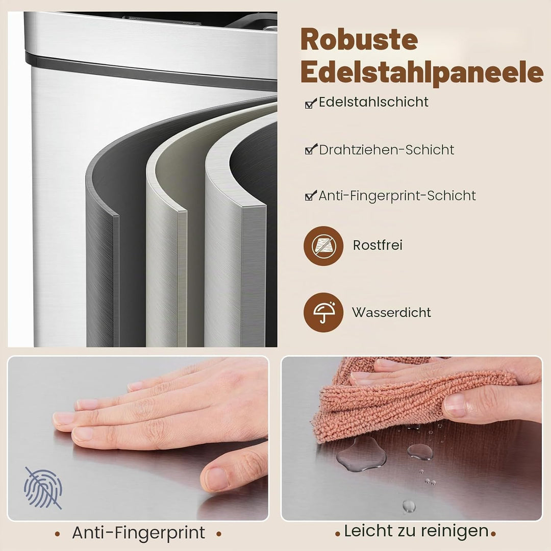 FANTASK 72L Mülleimer Küche, 4 Fächer Edelstahl Bin mit Sensor, Automatisch Abfalleimer mit Softclos