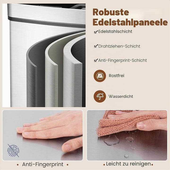 FANTASK 72L Mülleimer Küche, 4 Fächer Edelstahl Bin mit Sensor, Automatisch Abfalleimer mit Softclos