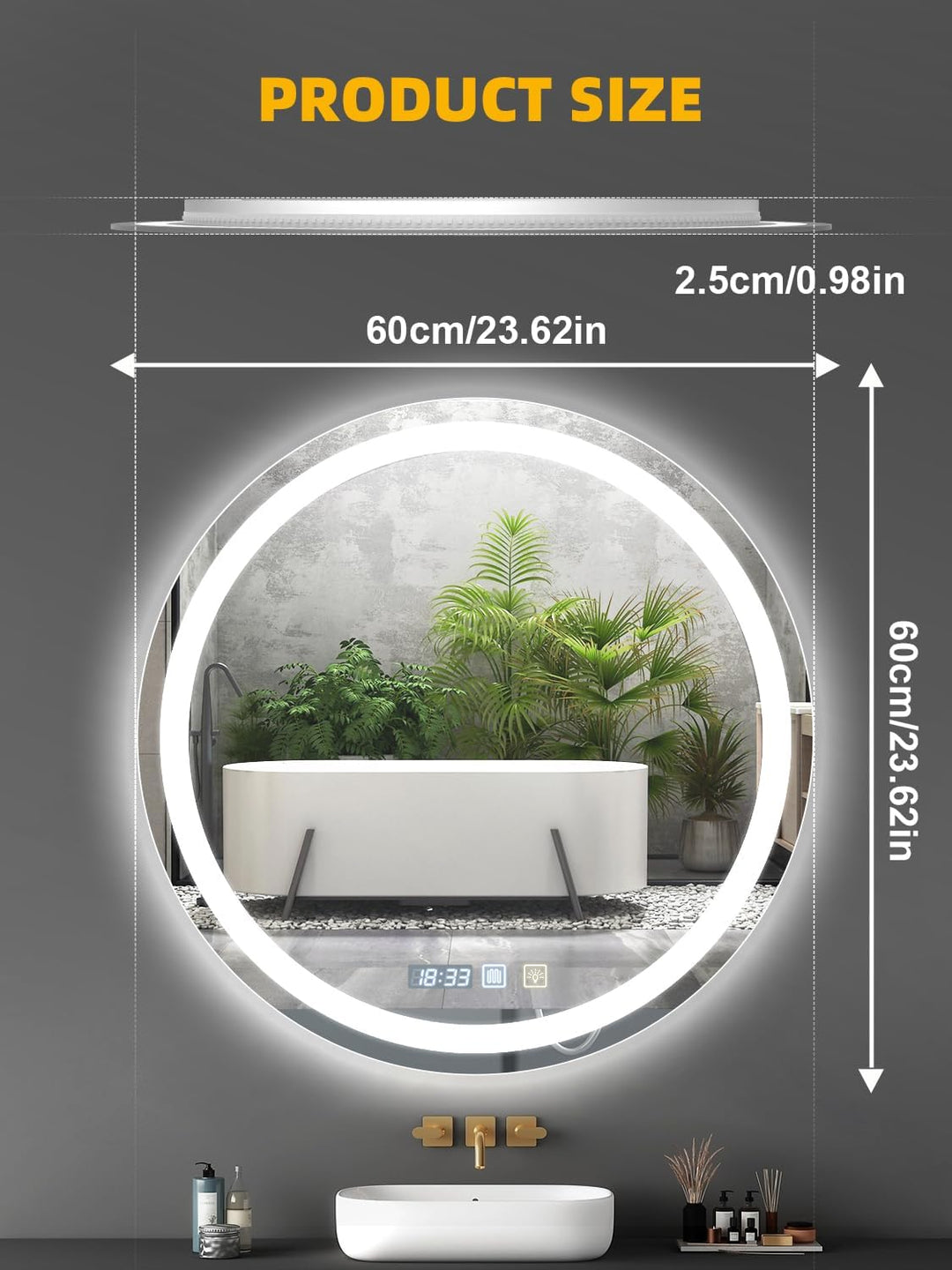 Bellanny Runder Badspiegel mit Beleuchtung, 60cm Wandspiegel Badezimmerspiegel mit Beleuchtung, LED