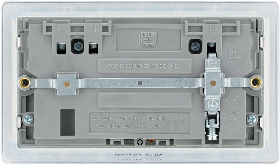 BG Electrical FPC22U3G, schraubenlose Flachplatte, poliert, Chrom, doppelt geschaltete, 13A-Steckdos