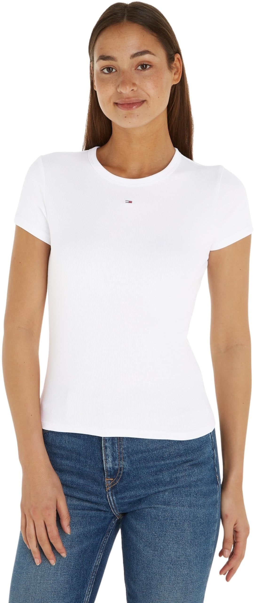 Tommy Jeans Damen Tjw Slim Essential Rib Ss S/S Strickoberteile S Weiss, S Weiss