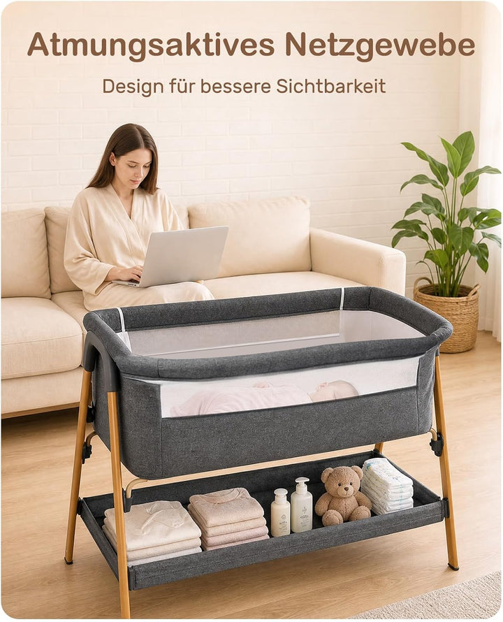 UBRAVOO Beistellbett Baby 2-in-1, Babybett &amp; Baby Wiege für Neugeborene – mit Aufbewahrungskorb &amp; We