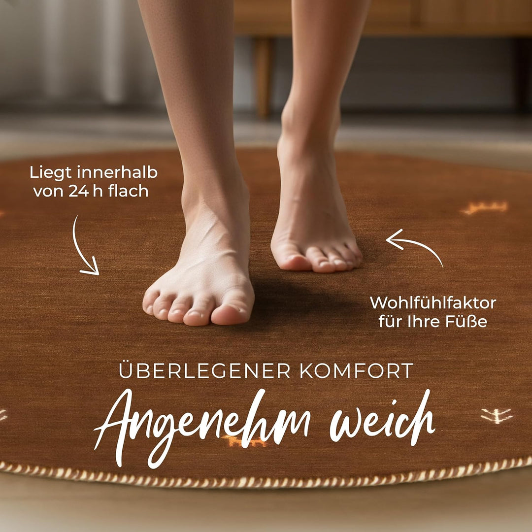 carpetfine Wollteppich Gabbeh Uni Rund Braun Ø 80 | Moderner Teppich für Wohn- und Schlafzimmer Ø 80