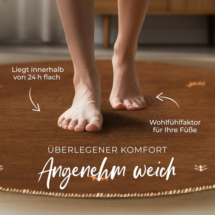 carpetfine Wollteppich Gabbeh Uni Rund Braun Ø 80 | Moderner Teppich für Wohn- und Schlafzimmer Ø 80
