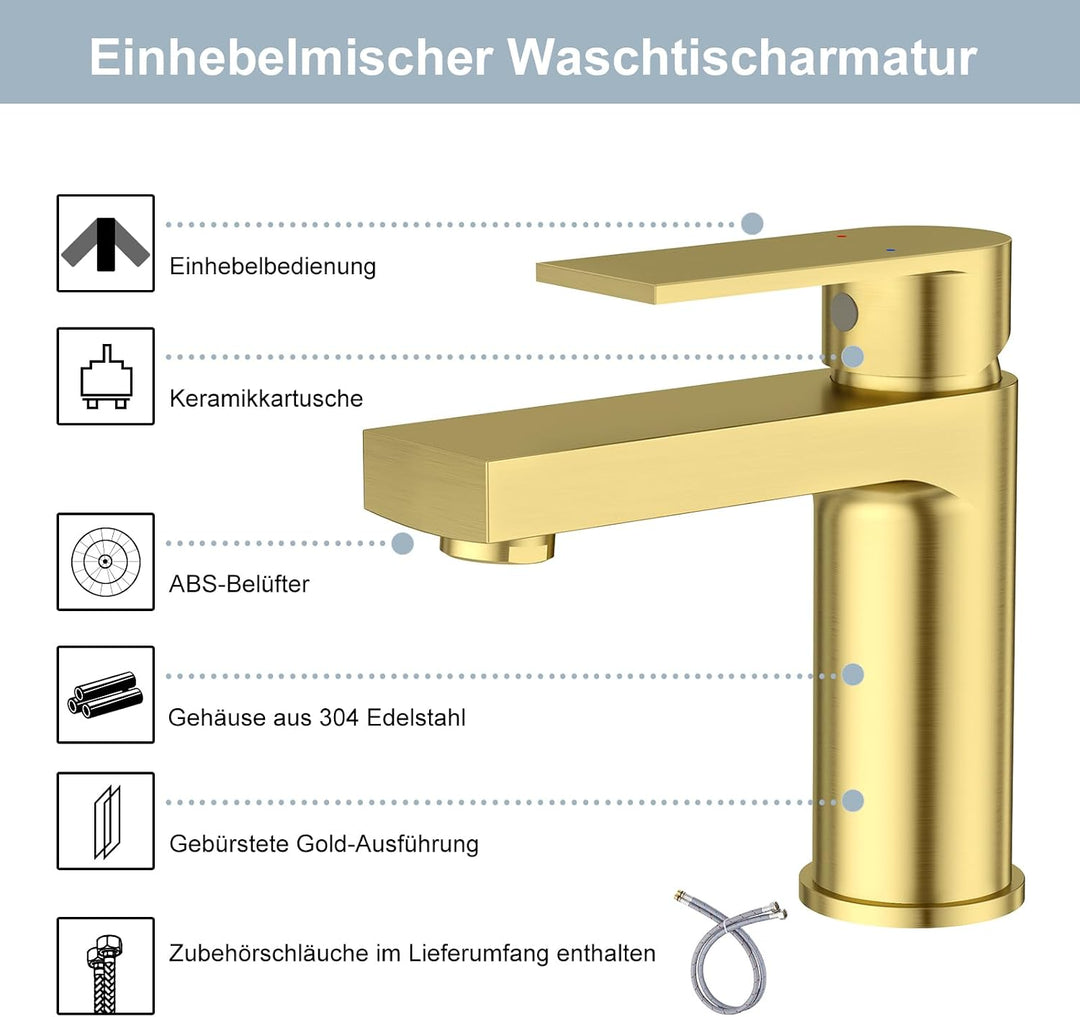 Aktines Waschtischarmatur für Badezimmer eckig, Hochdruck Einhebelmischer Armatur Wasserhahn für Was