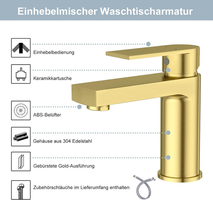 Aktines Waschtischarmatur für Badezimmer eckig, Hochdruck Einhebelmischer Armatur Wasserhahn für Was