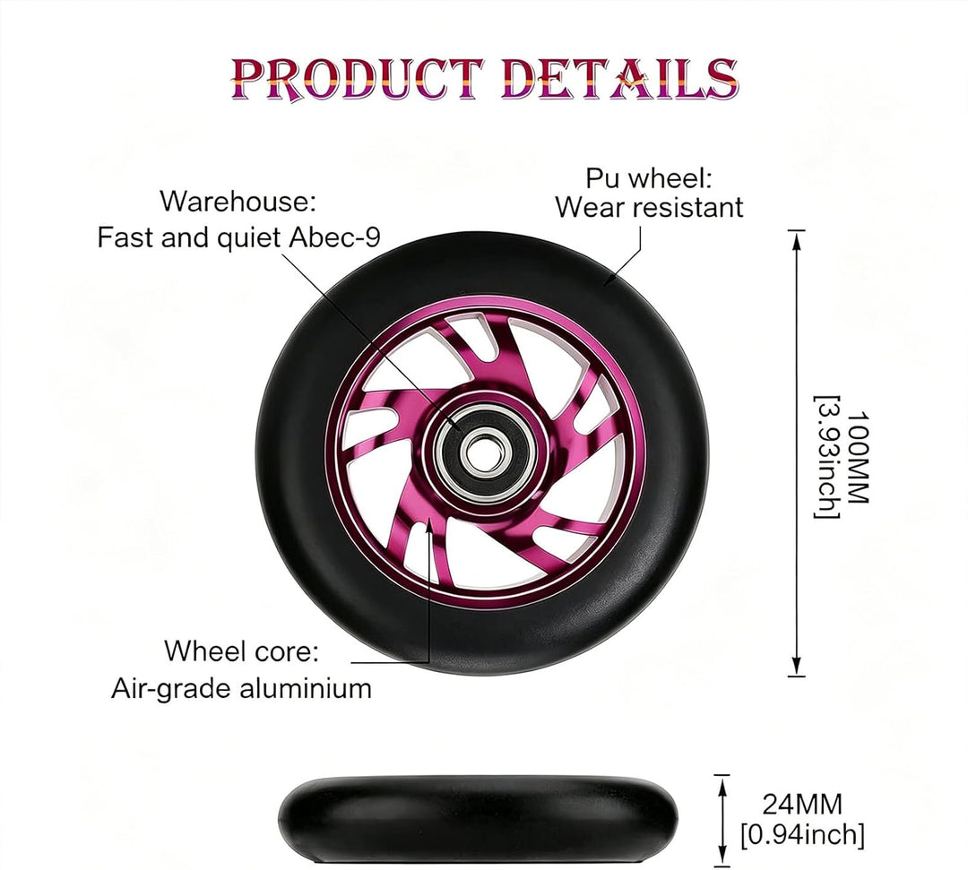 2 Stück Pro Stunt Scooter Rollen 100mm, Stunt Scooter Räder with ABEC-9 Bearings, Thickened PVC Repl
