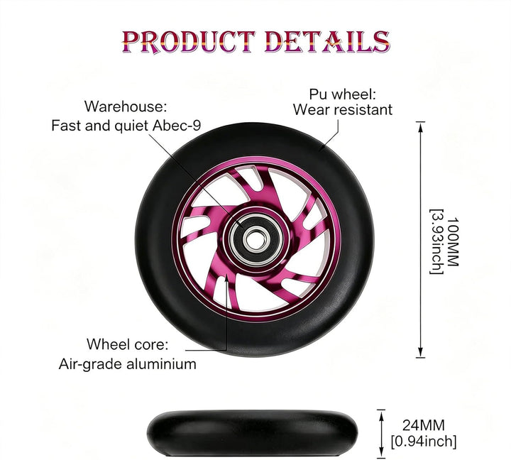 2 Stück Pro Stunt Scooter Rollen 100mm, Stunt Scooter Räder with ABEC-9 Bearings, Thickened PVC Repl