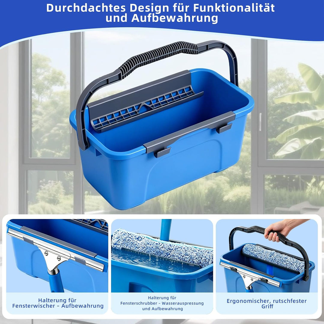 Fensterreiniger Set, Fensterreiniger mit 200CM Teleskopstiel Fensterwischer,12L Eimer 35CM Silikonab