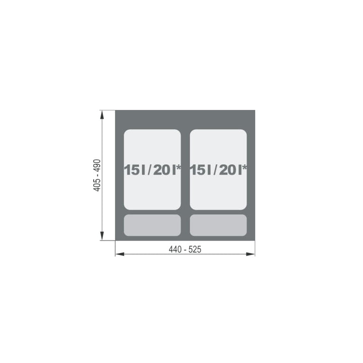 Mülltrennsystem Küche für 60 cm Schrank 2-fach 52,5x49x30 cm (2x 15L) mit Deckel Einbau Abfallsammle