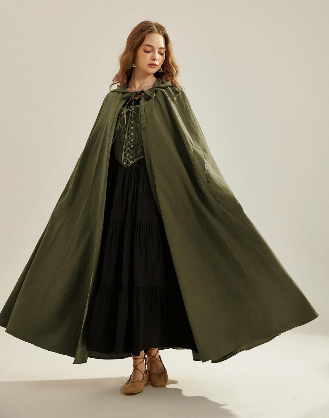 SCARLET DARKNESS Damen Mittelalter Umhang mit Kapuze Unisex Maxi Umhang Hexe Cosplay Cape Olivgrün,