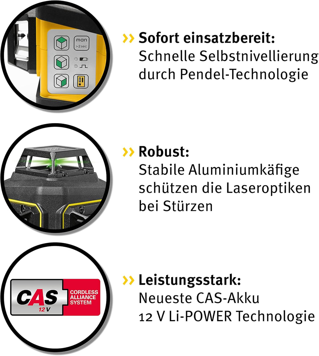 Stabila 12-V-System Kreuzlinienlaser LAX 600 G, selbstnivellierend, 3 x 360° grüne Laserlinien, max.