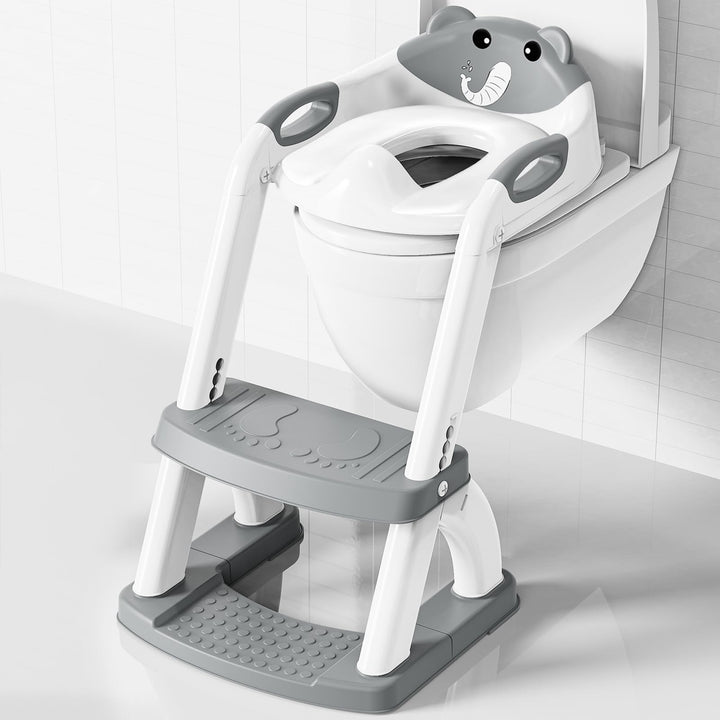Toilettensitz Kinder mit Treppe, Höhenverstellbar Faltbarer 2-in-1 Toilettensitz Kinder mit Gepolste