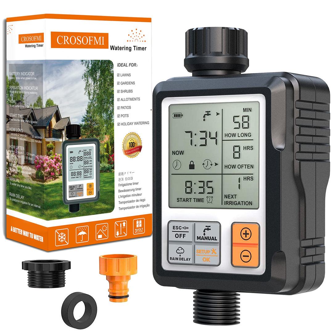 CROSOFMI Bewässerungscomputer Wasserzeitschaltuhr Garten Zeitschaltuhr Bewässerung,Grosses 3-Zoll-Di