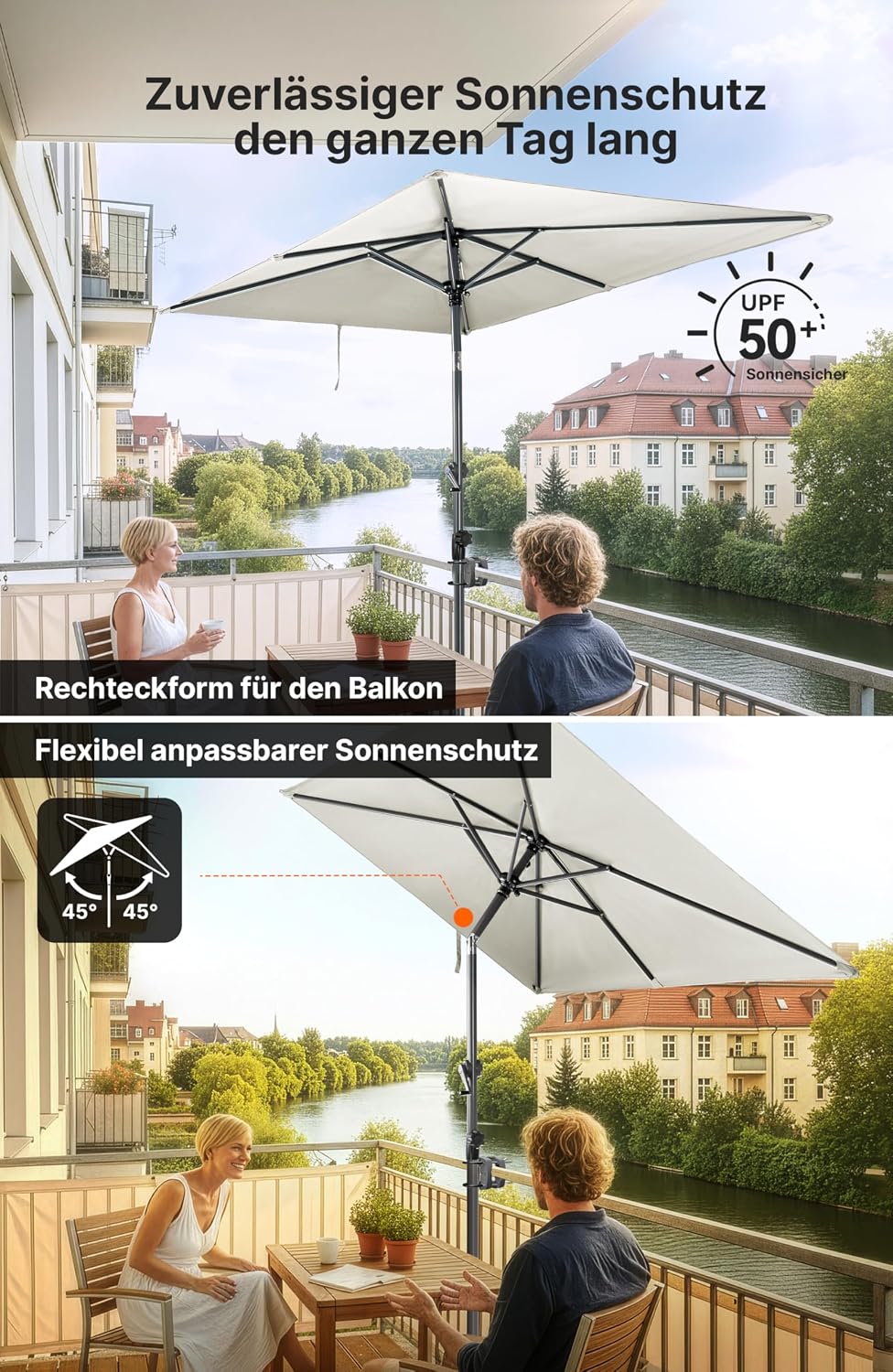 4smile Sonnenschirm Balkon mit Halterung im 3-er-Set, 210x140 cm, UV 50+, Sonnenschutz Balkon, Balko