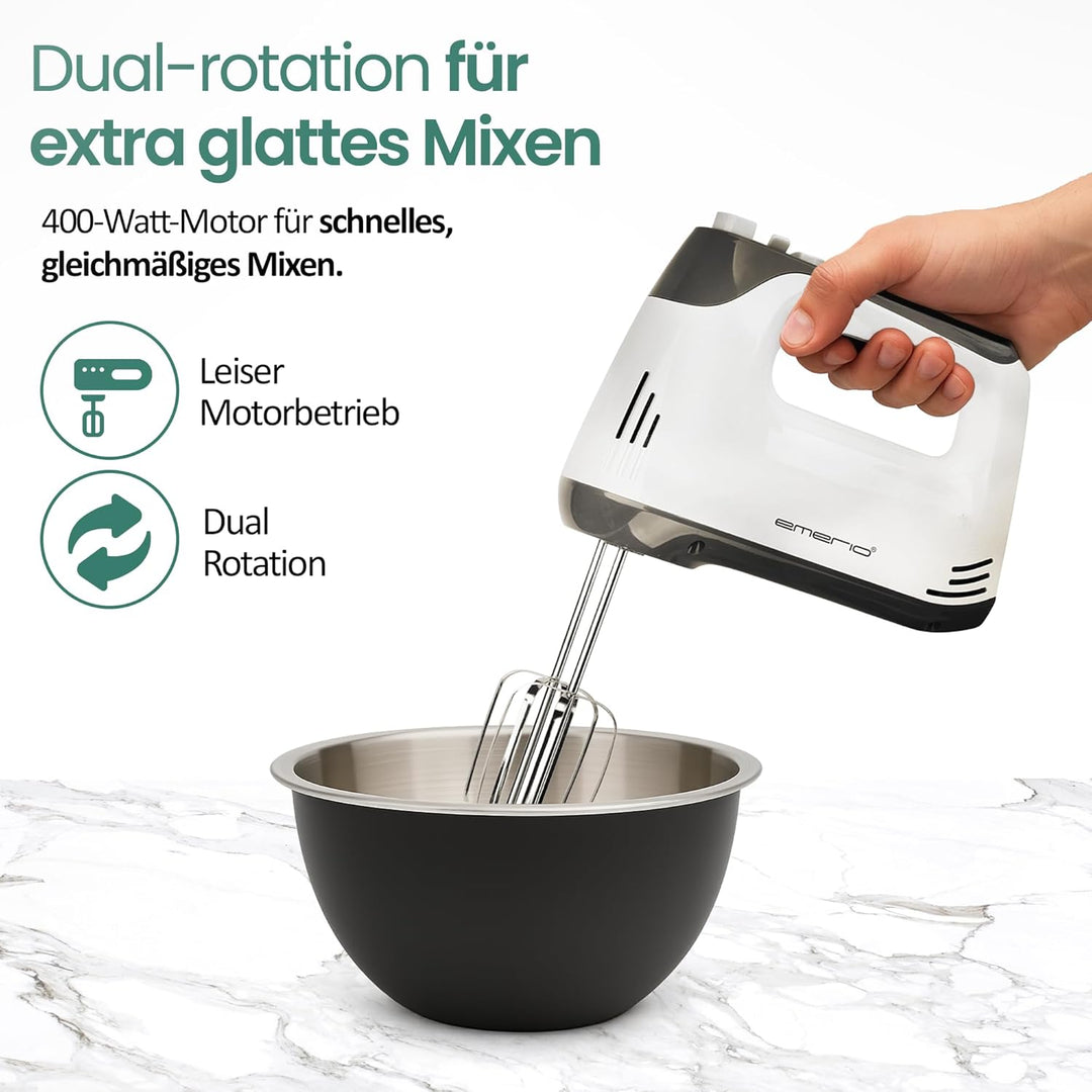 EMERIO elektrischer Handmixer Handrührer Mixer Handrührgerät mit 400 Watt 5 Geschwindigkeiten & Turb
