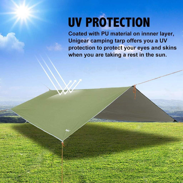 Unigear Tarp 3x3 3x4 3x5 4x4 wasserdicht, Zeltplane für Hängematte mit Ösen + 6/8 Erdnägel + 6/8 Sei