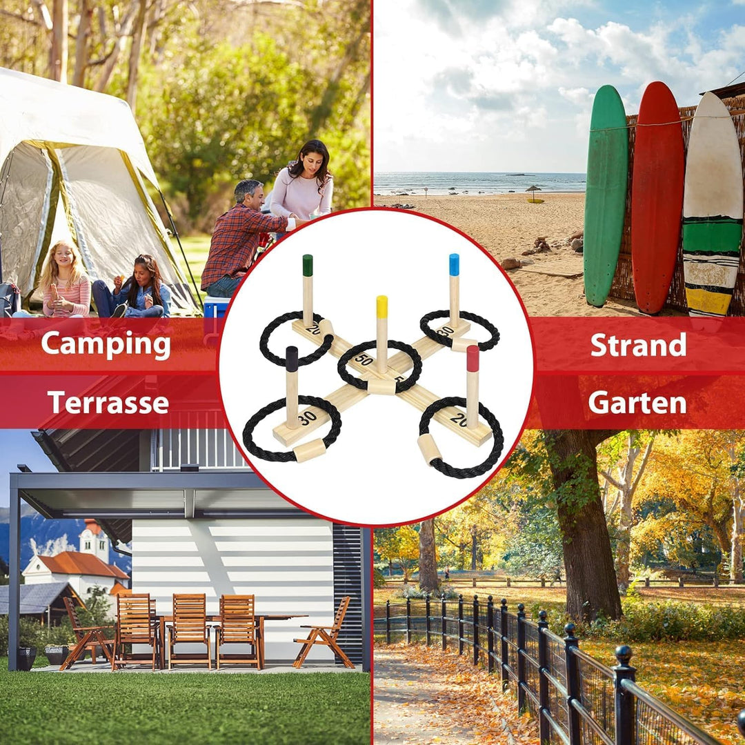 Aufun Ringwurfspiel aus Holz Wurfspiel Set mit 5 Wurfringe und 5 Spielstäben, Holzspiel Gartenspielz
