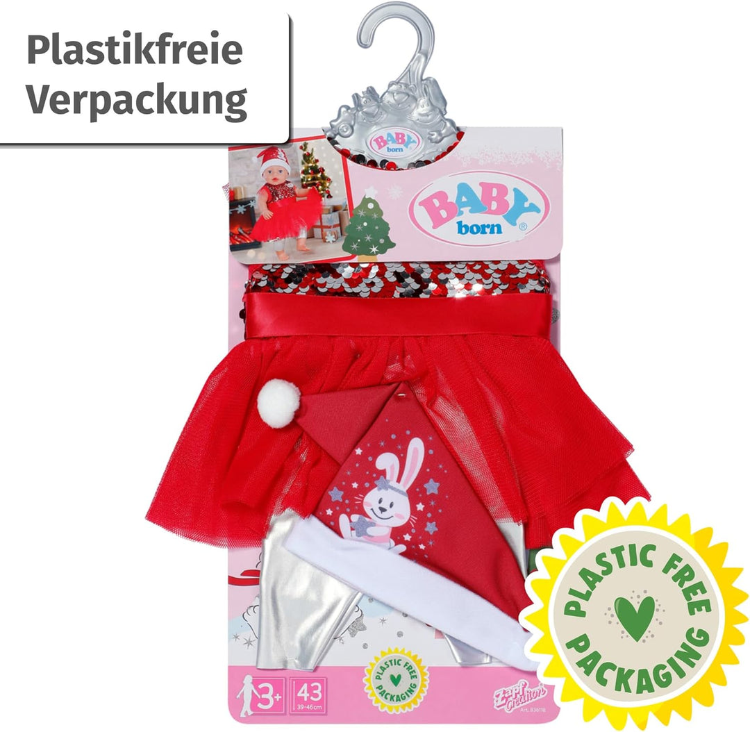 BABY born Weihnachtsoutfit 43cm, Weihnachtskleid mit Pailletten, Leggings und Weihnachtsmütze für 43