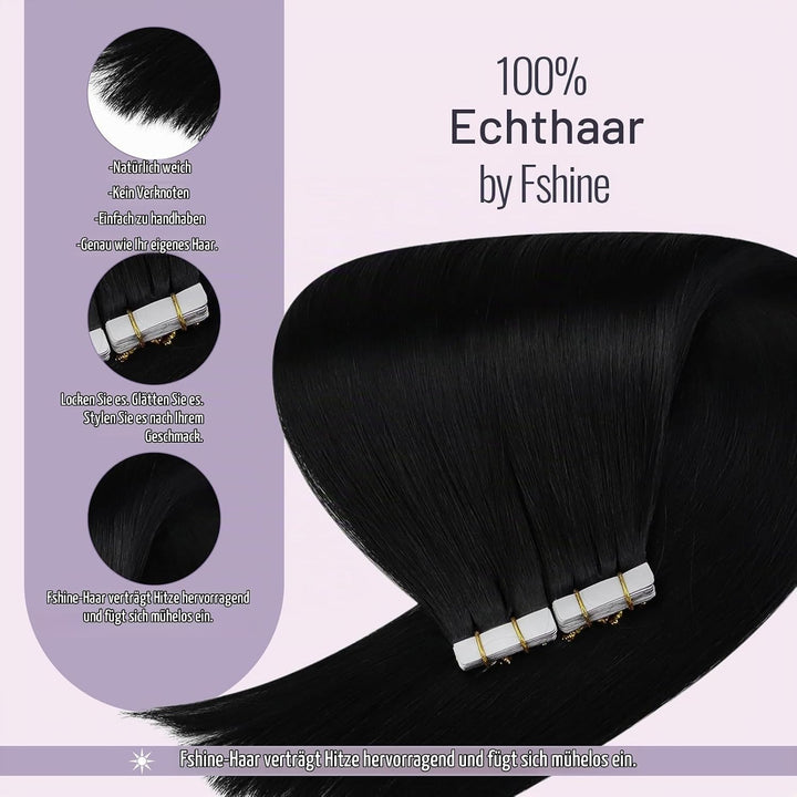 Fshine Tapes Echthaar Extension 50cm Tape in Schwarz Seamless Hair Extensions 20 Stück Remy Extensio
