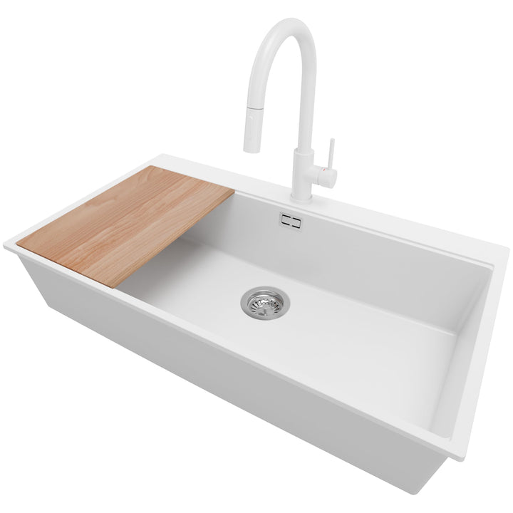 Granitspüle Weiss 90x50 cm, Spülbecken + Ablauf-Set + Küchenarmatur 9000, Küchenspüle für 90er Unter