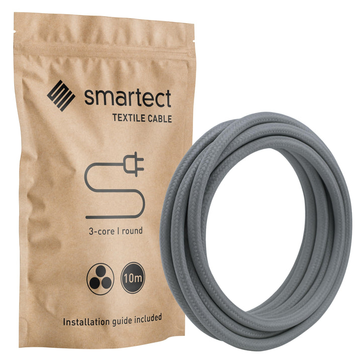 smartect Textilkabel Dunkelgrau, 10 Meter Vintage Lampenkabel Stoff, 3-Adrig (3 x 0.75 mm²) Stromkab