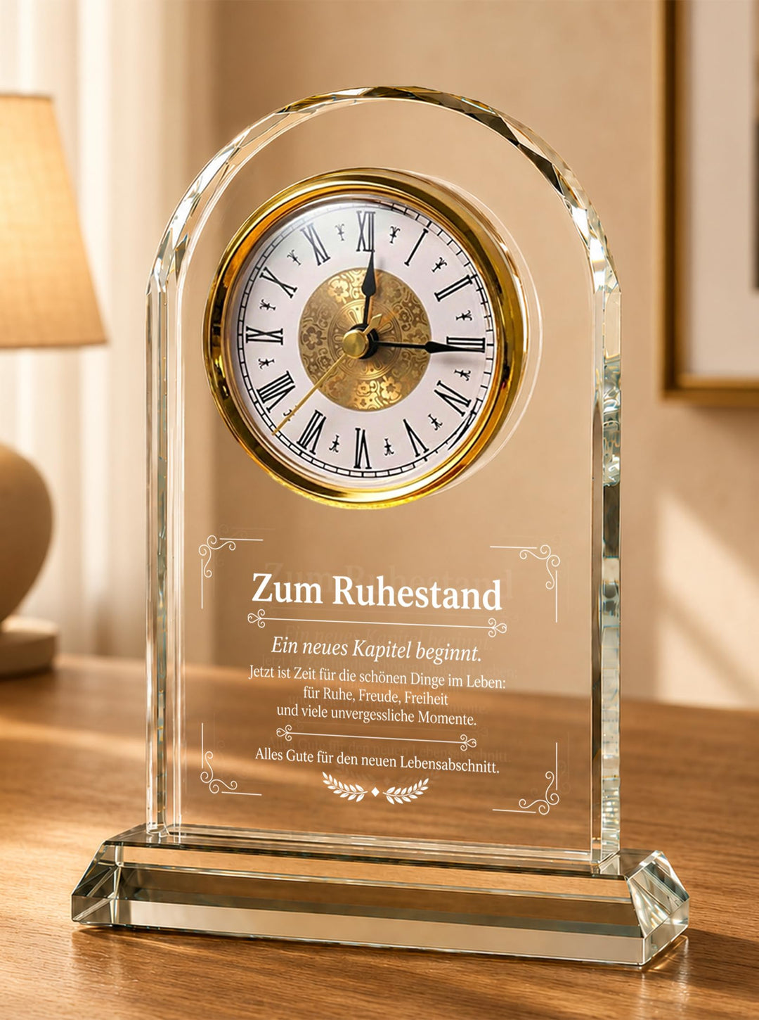 Ruhestand Geschenk Frau &amp; Mann - Glas Tischuhr mit Lasergravur | Pension Abschiedsgeschenk für Rentn
