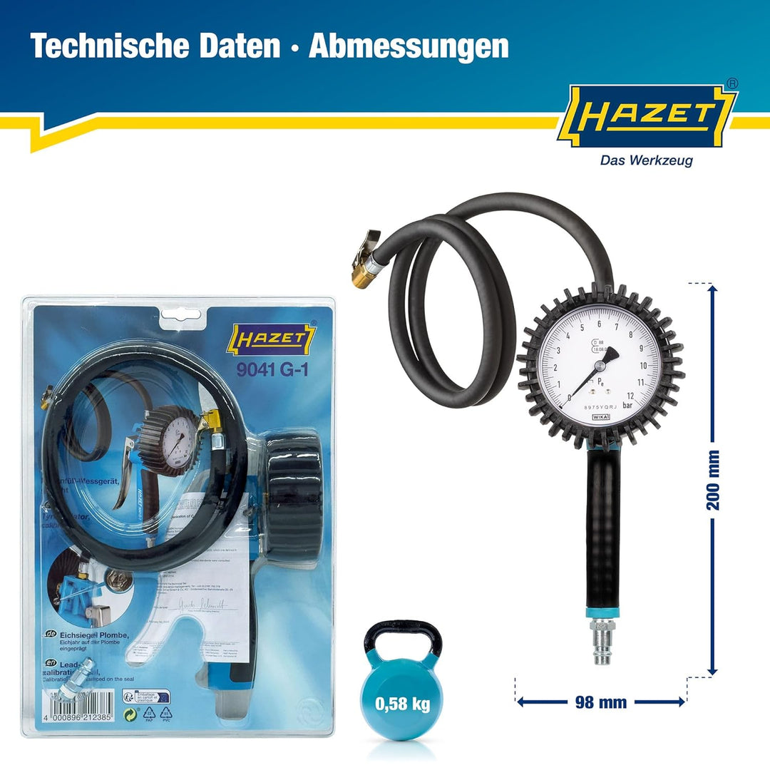 HAZET Reifenfüller 9041G-1, Geeicht, optimal ablesbar, Manometer-Messbereich: 0-10 bar, Schlauchläng