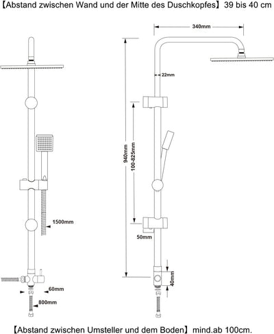 JOHO Edelstahl Duschsystem ohne Duscharmatur Chrom Duschset Überkopfbrauseset mit ABS Kopfbrause 20x