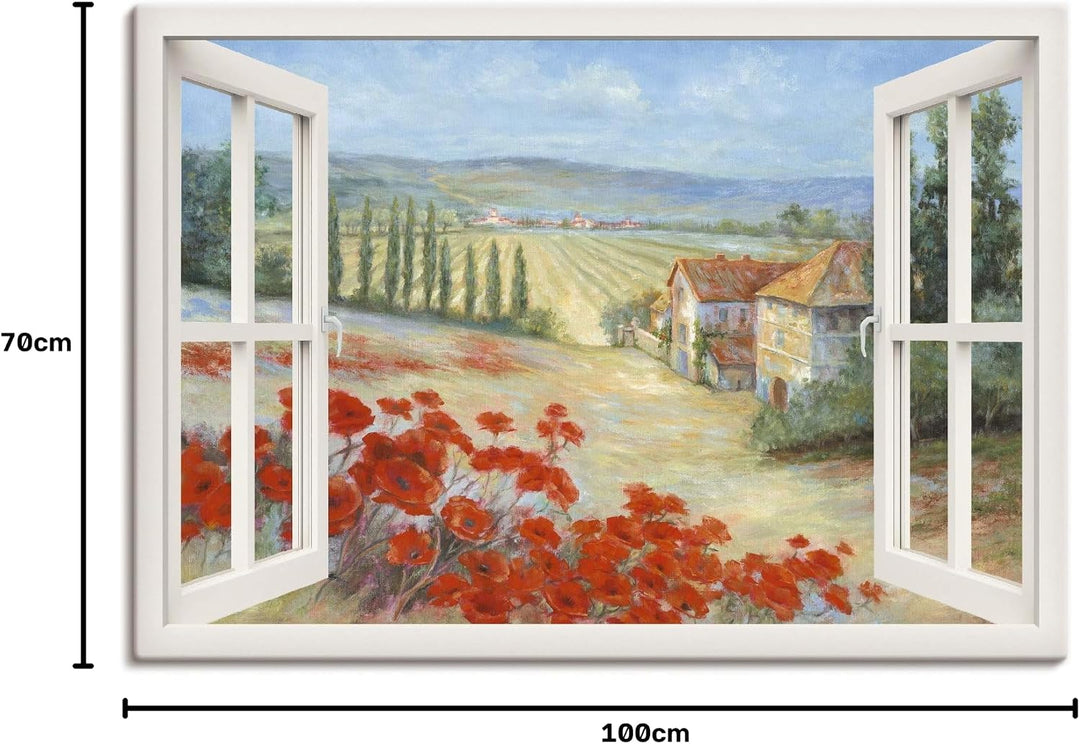 ARTland Leinwandbilder Bild Leinwand Wandbilder 100x70 cm Fensterblick Landschaft Toskana Italien Mo