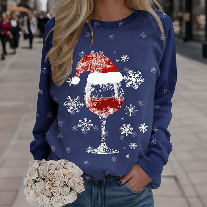Weihnachtspullover Damen Weinglas Schneeflocken Druck Langarmshirt Farbverlauf Weihnachtspulli Chris