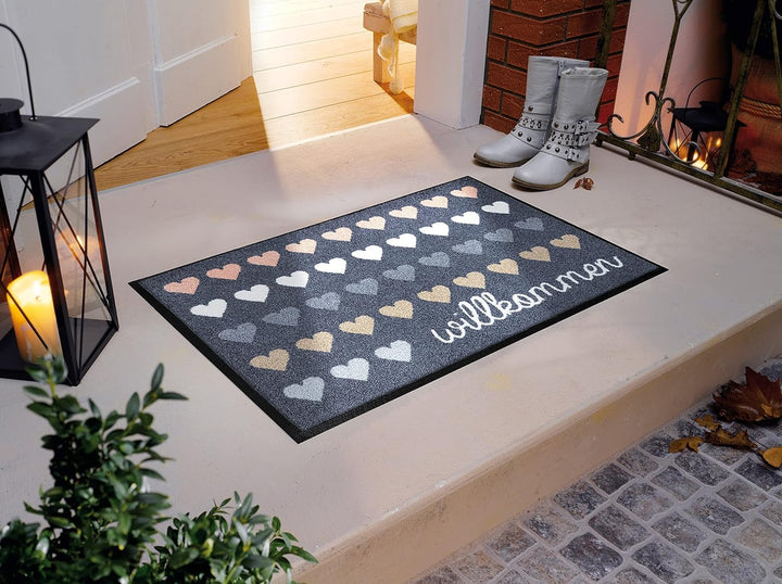 wash+dry Fussmatte, Willkommen Herzen 50x75 cm, innen und aussen, waschbar, Bunt 50x75cm, 50x75cm