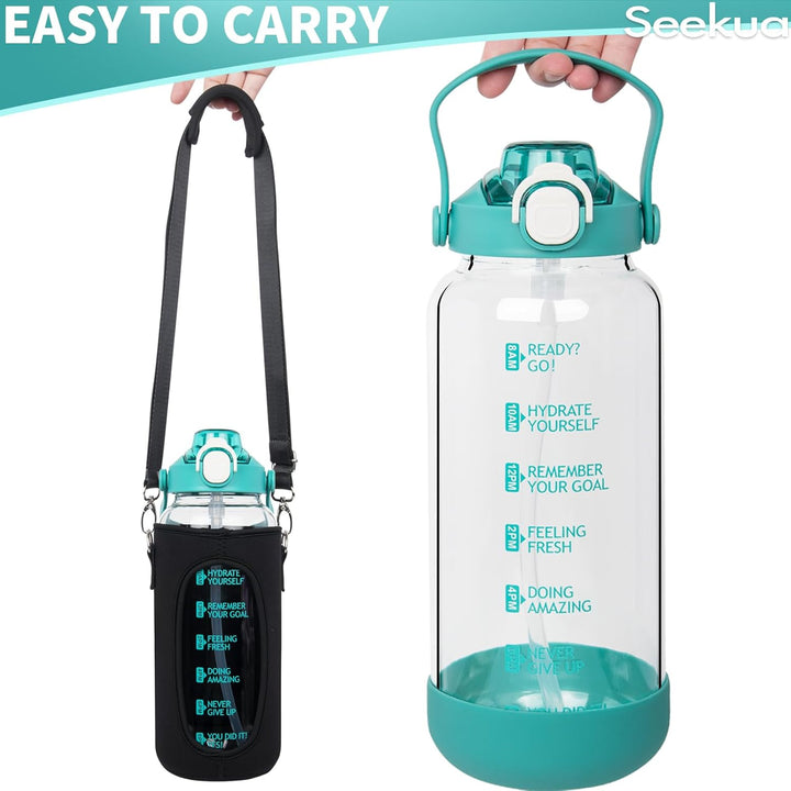 Seekua 1.5 liter Trinkflasche Glas Flasche mit Strohhalm & Zeitmarkierung, 1.5l Wasserflasche mit Fr