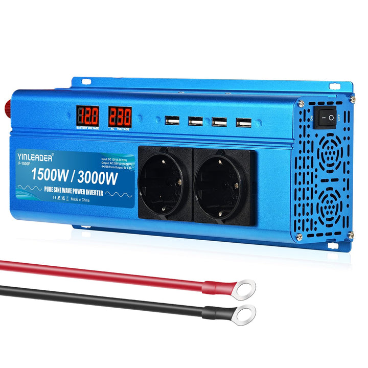 Wechselrichter 1500W /3000W 12V 230V Reiner Sinus Spannungswandler mit 2 Steckdose 4 USB Anschlüsse