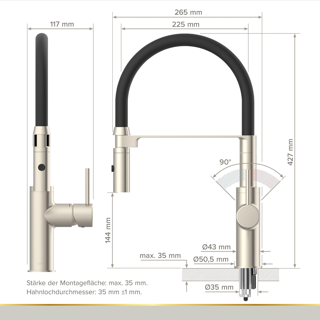 Lenz Küchenarmatur NALU in nickel-matt - flexible Geschirrbrause mit 2 Strahlarten - Zweistufige Was