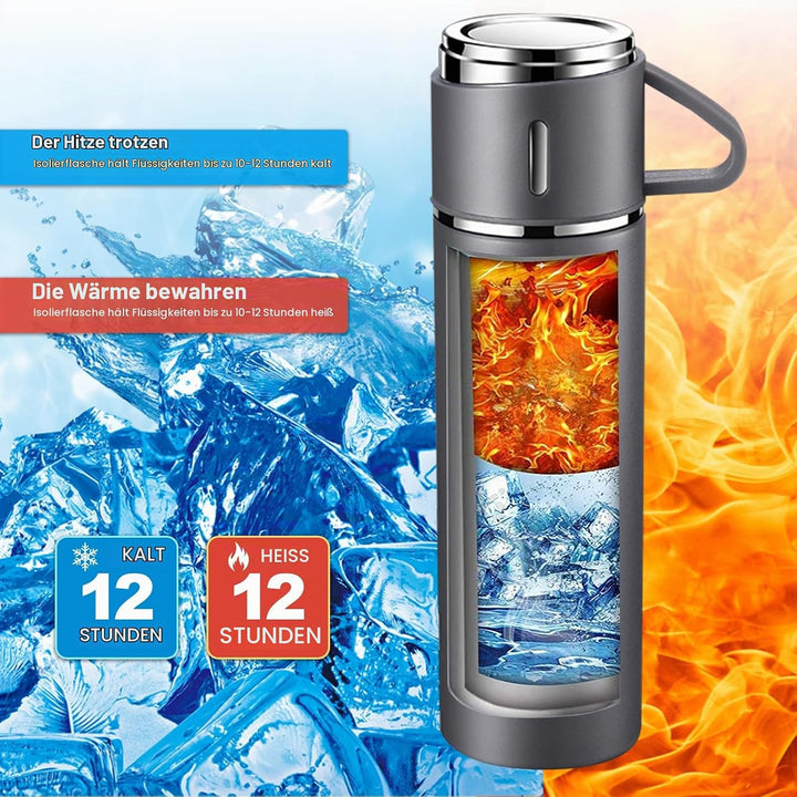 Thermosflasche 500ml mit Becher und Griff, Trinkflasche Edelstahl, Auslaufsichere Isolierflasche für