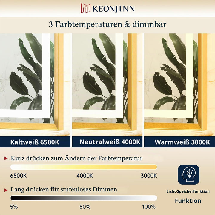 Keonjinn Badspiegel mit Beleuchtung Gold Metallrahmen 60x80cm, Badezimmerspiegel Beleuchtet Beschlag