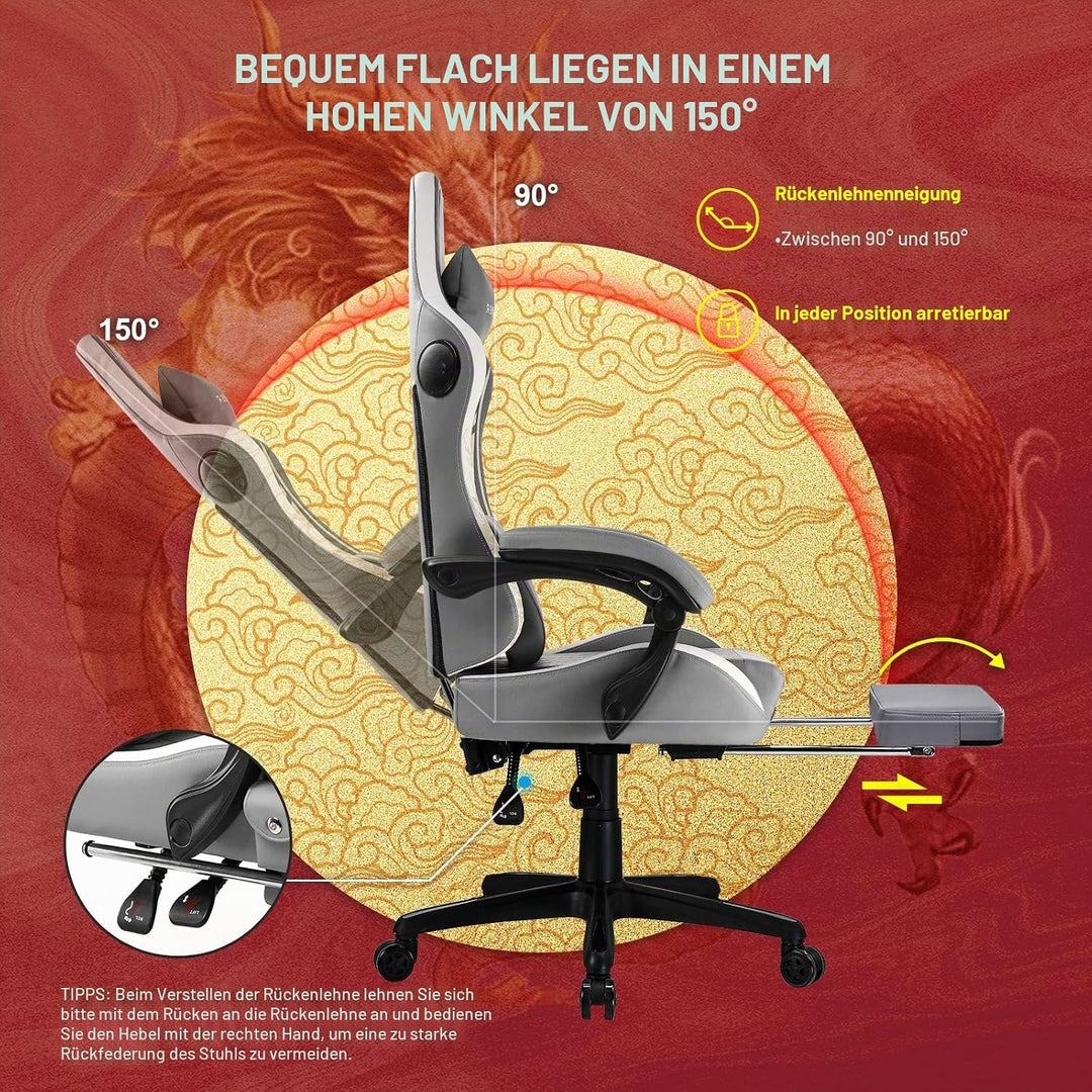 GTPLAYER Gaming Stuhl Gamer Stuhl mit Bluetooth-Lautsprechern und Fussstütze, Dragon Series Bürostuh