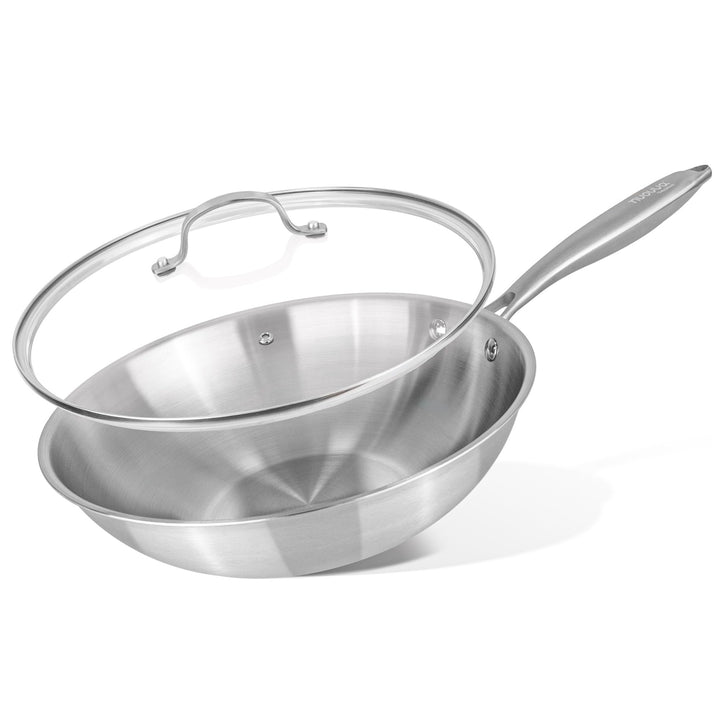 Nuovva Edelstahl Wokpfanne Antihaft – Induktionsgeeignete tiefe Pfanne zum Braten &amp; Wok-Kochen – 28